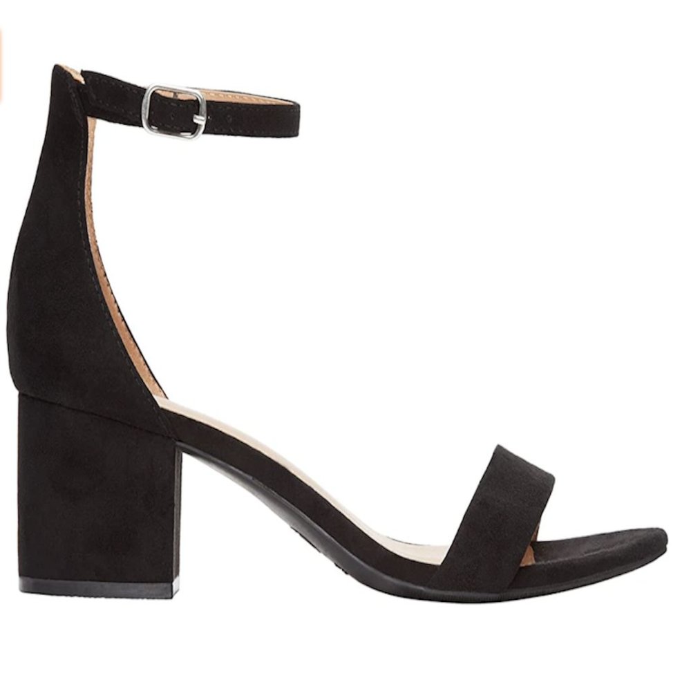 Women Low Mid Heel Open Toe Heel Black Faux Suede